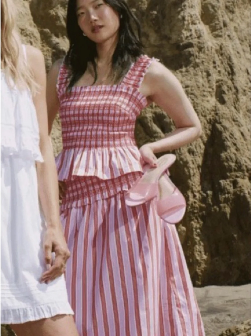 Free assembly, striped cotton, midi skirt with smocked waist
